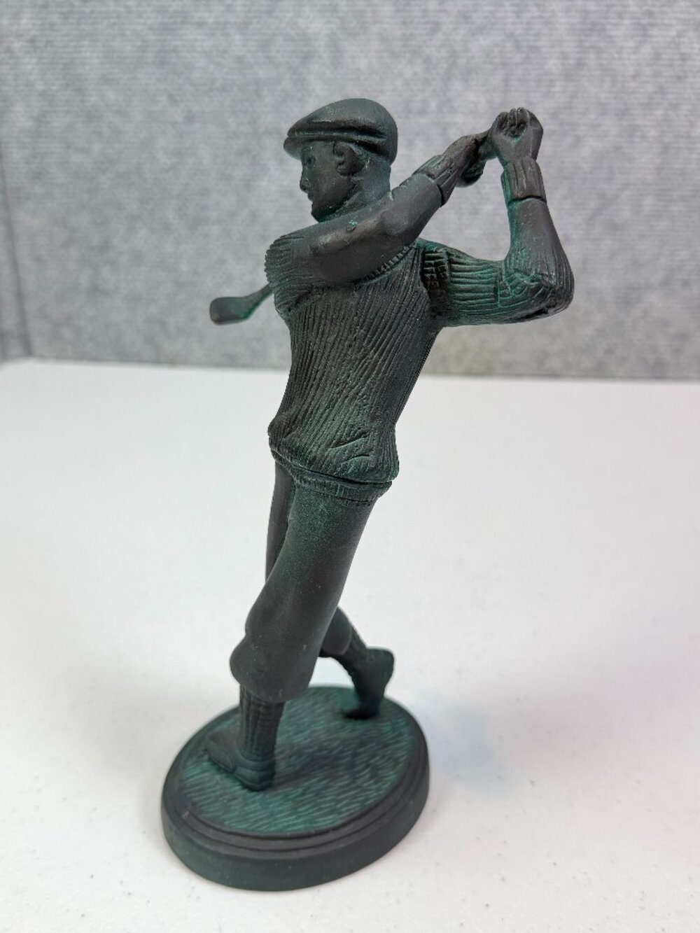 Vintage Cast Metal Golfer Statue 9" Bronze Verdigris Patina Golf Sculpture Decor